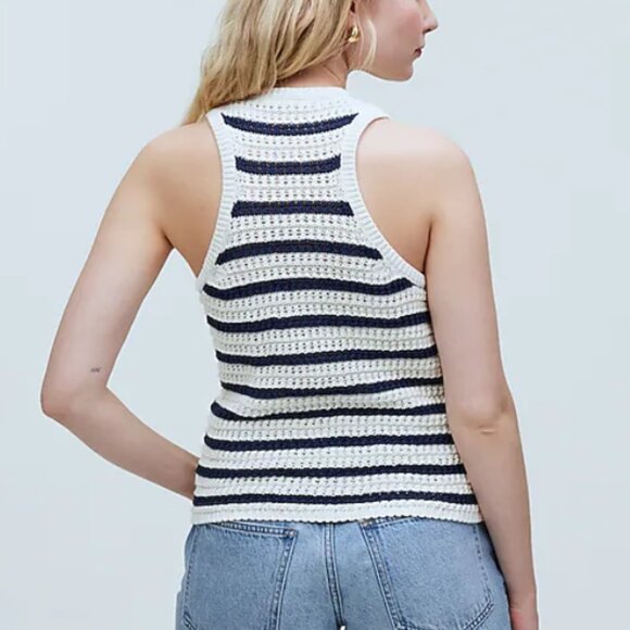 NWT Madewell Crochet Knit Crewneck Sweater Tank Striped Navy Cream S - Picture 2 of 11